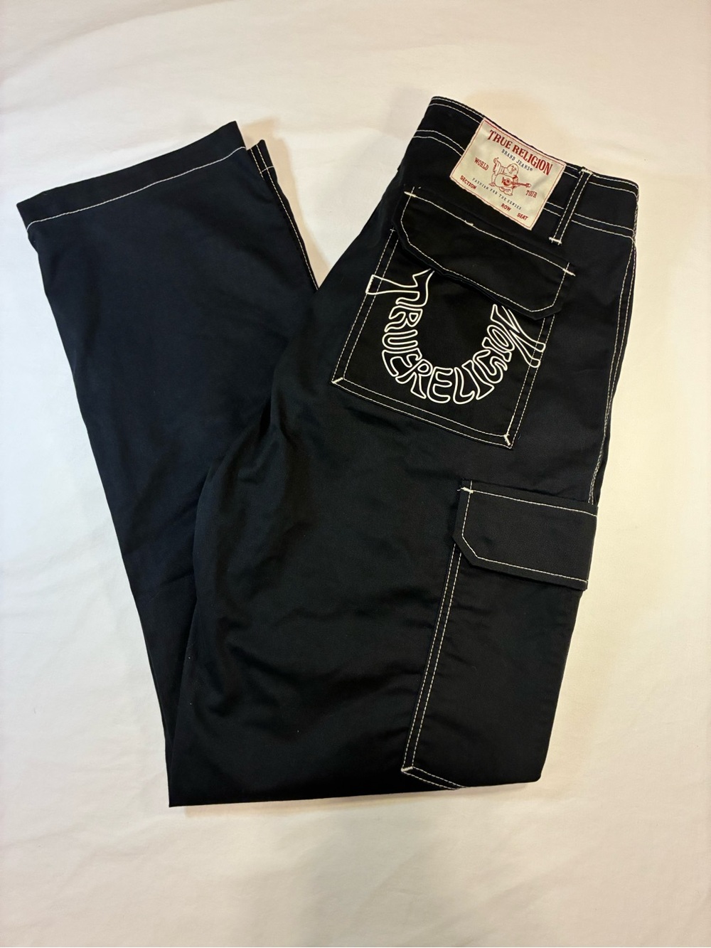 True Religion Black Relaxed Cargo Jeans with Contrast Stitching